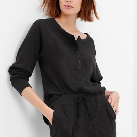 Black Ribbed Henley Top - Picture 1 of 5